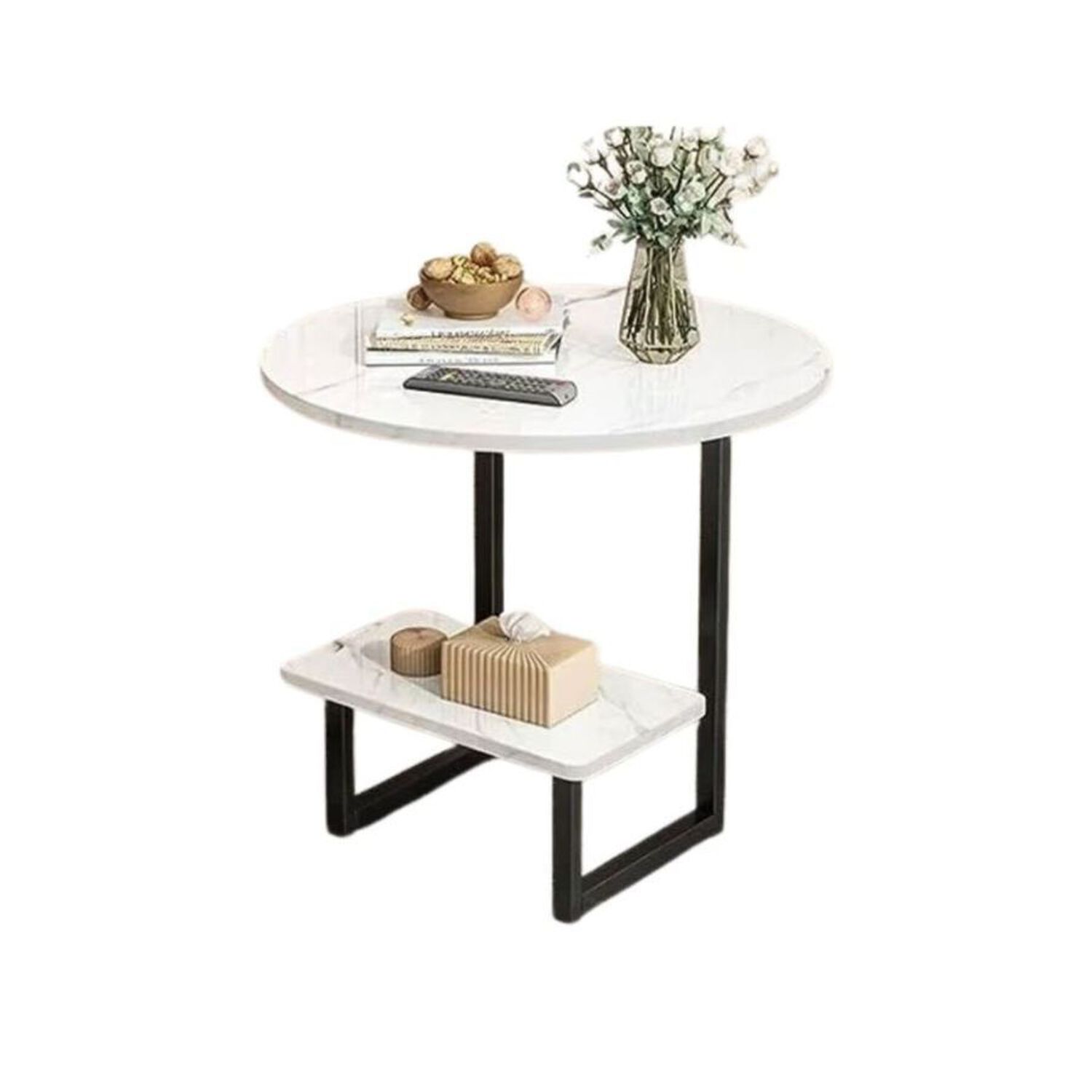 Mesa Auxiliar M&aacute;rmol Para Sof&aacute; Mesa Esquinera De 2 Nivel Blanco image number 0.0