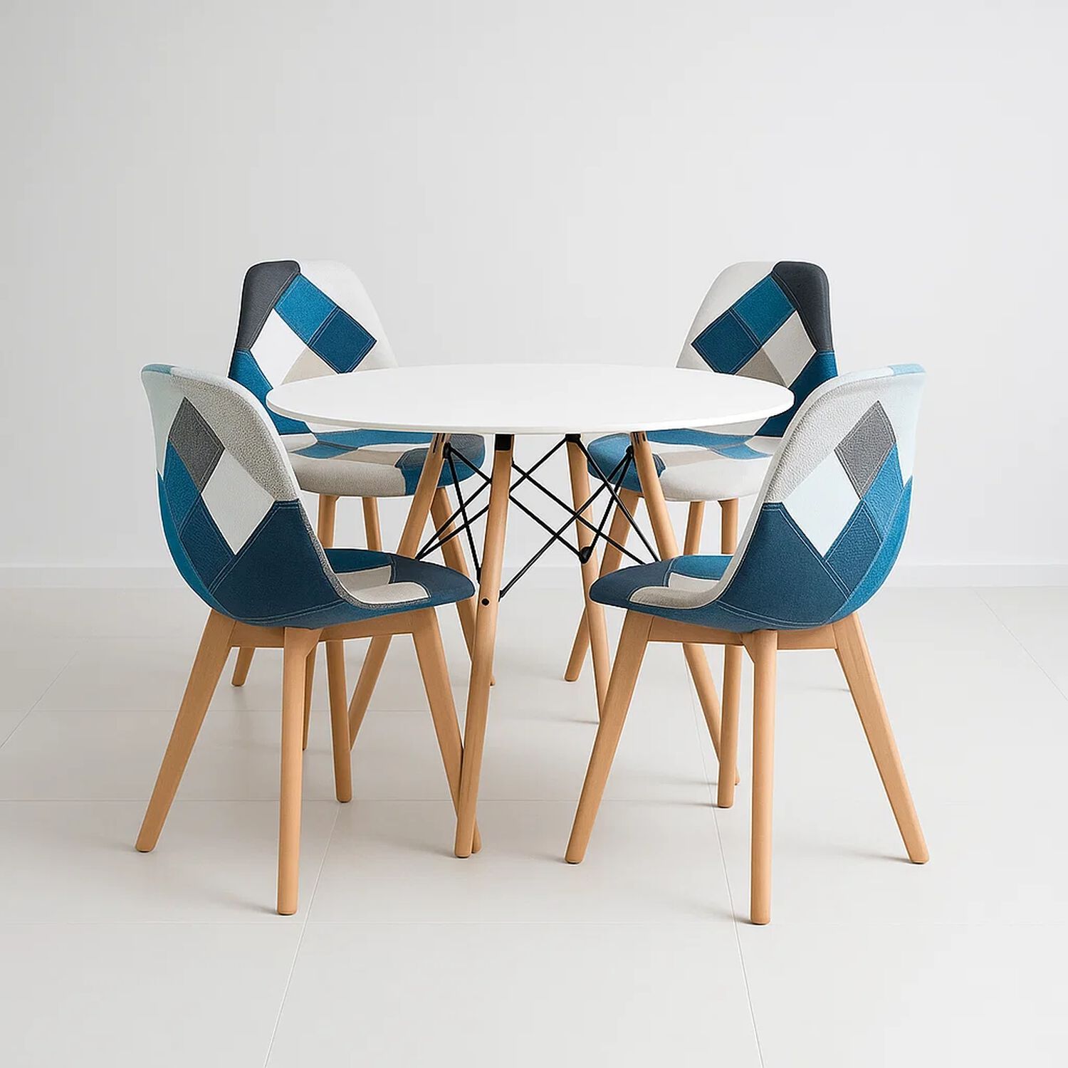 Comedor Mesa Redonda Blanca 100cm + 4 Sillas Eames Patchwork Tela Wood Celeste image number 0.0