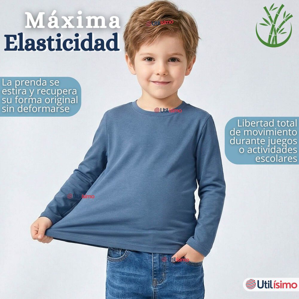 Pack 3 Poleras Camisetas Bamb&uacute; Claro Oscuro Cuello Redondo Primera Capa Manga Larga Ni&ntilde;o image number 4.0