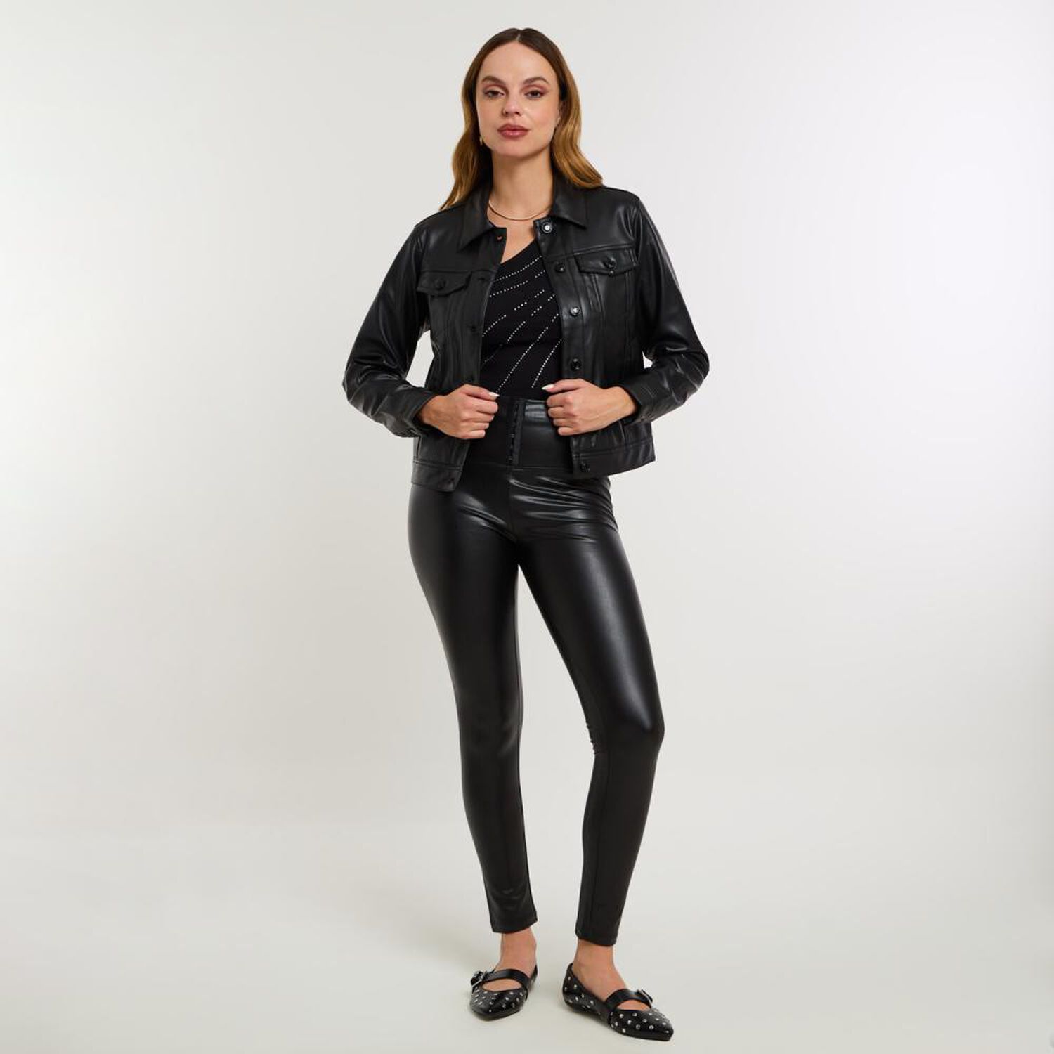 Leggins Ecocuero Pretina Ancha Tipo Faja Tiro Alto Skinny Mujer Kimera image number 1.0