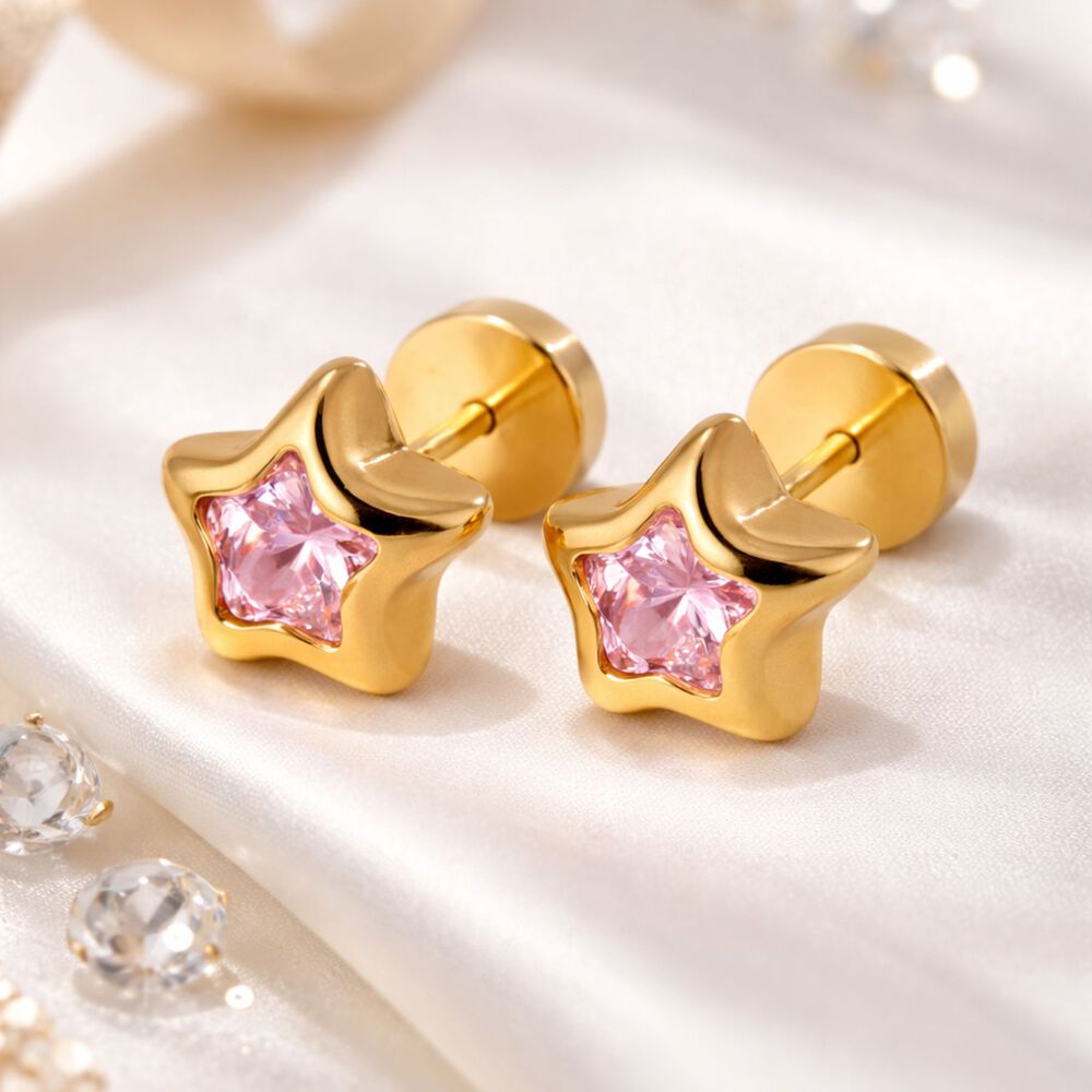 Aros Abridores Estrella 5 Puntas 7mm Oro 18k Circ&oacute;n Rosado A Presi&oacute;n Ni&ntilde;a Juvenil Mujer image number 1.0
