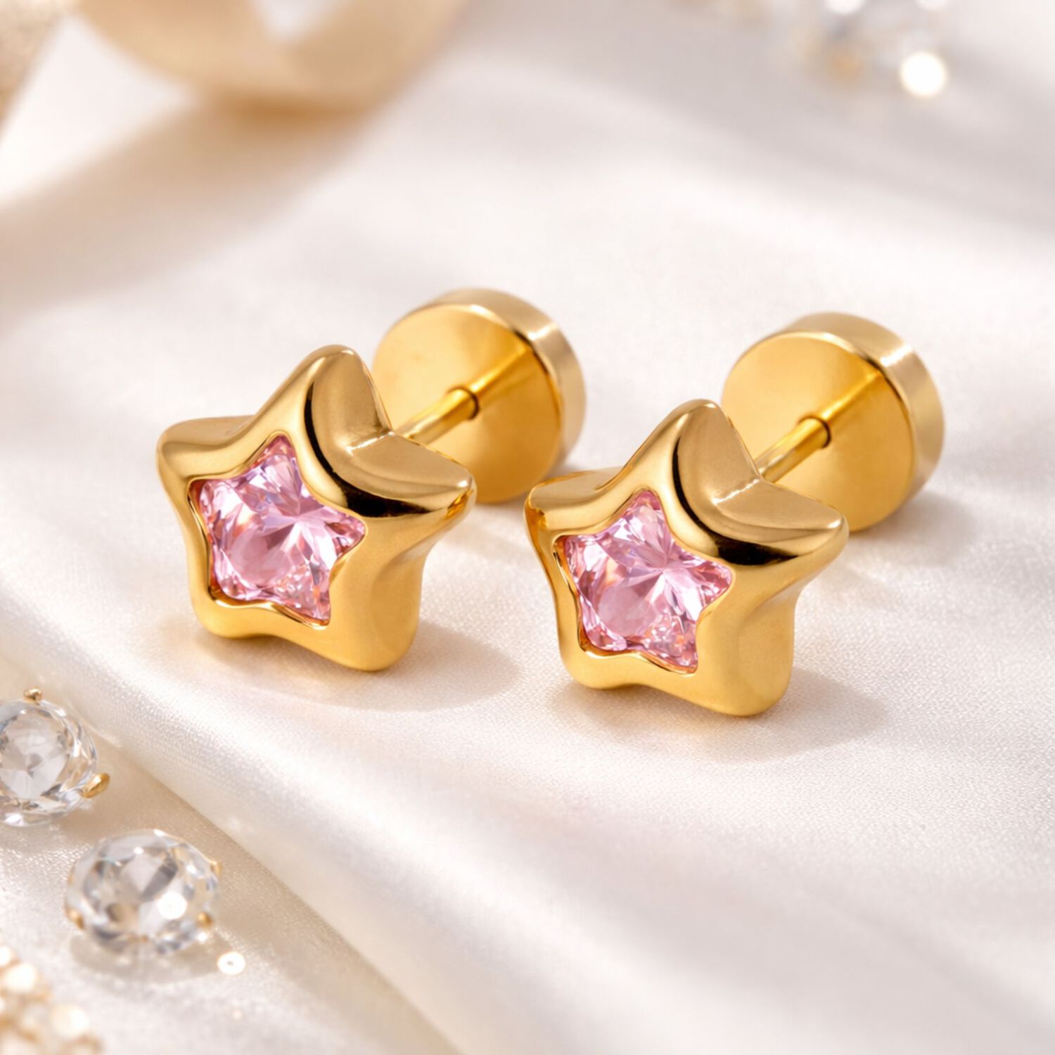 Aros Abridores Estrella 5 Puntas 7mm Oro 18k Circ&oacute;n Rosado A Presi&oacute;n Ni&ntilde;a Juvenil Mujer image number 1.0