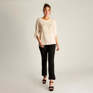 Polera Strass Aplicación Gasa Manga 3/4 Cuello Redondo Mujer Lorenzo Di Pontti