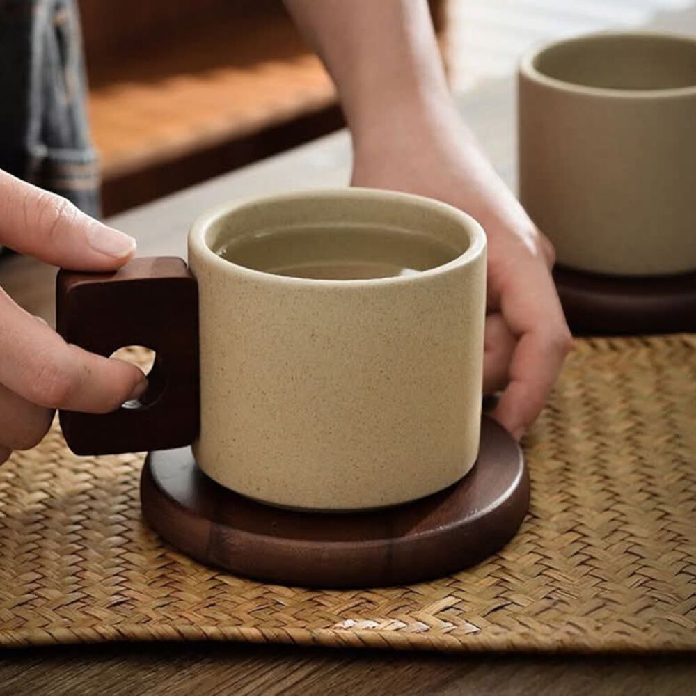 Taza De Cerámica Vintage Con Asa De Madera Natural 300ml image number 0.0