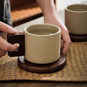 Taza De Cerámica Vintage Con Asa De Madera Natural 300ml
