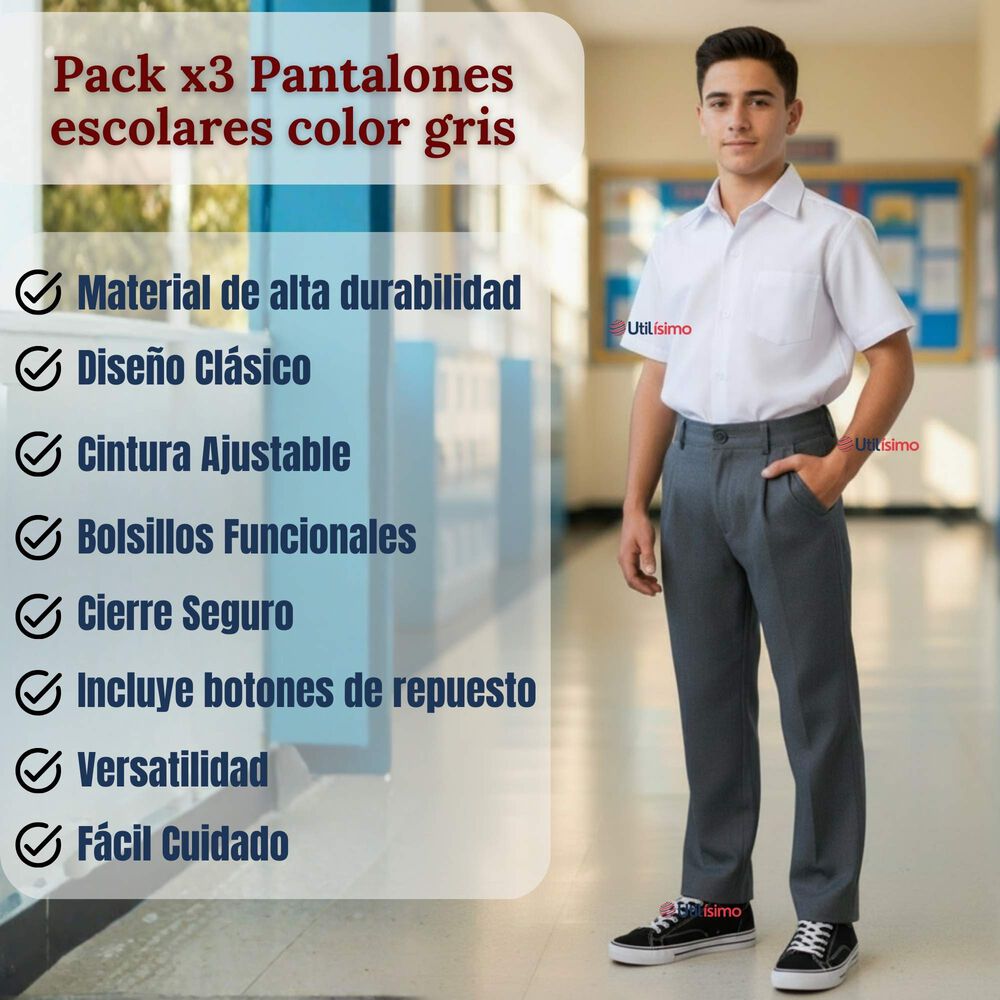 Pak 3 Pantal&oacute;n Escolar Colegio Cl&aacute;sico Gris Ni&ntilde;o Juvenil image number 2.0