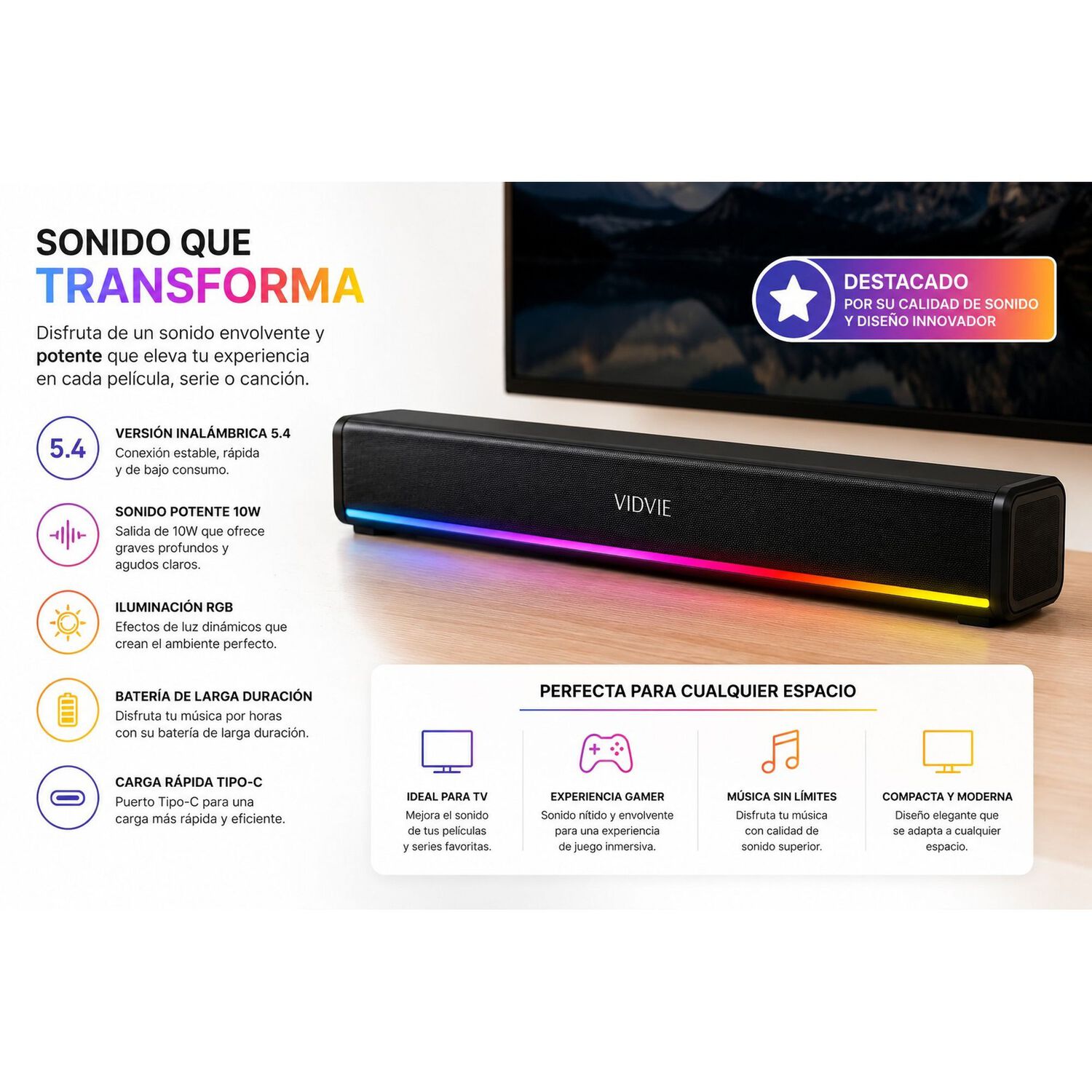 Barra De Sonido Bluetooth Rgb Speaker Gamer Usb Tipo C 10w image number 1.0