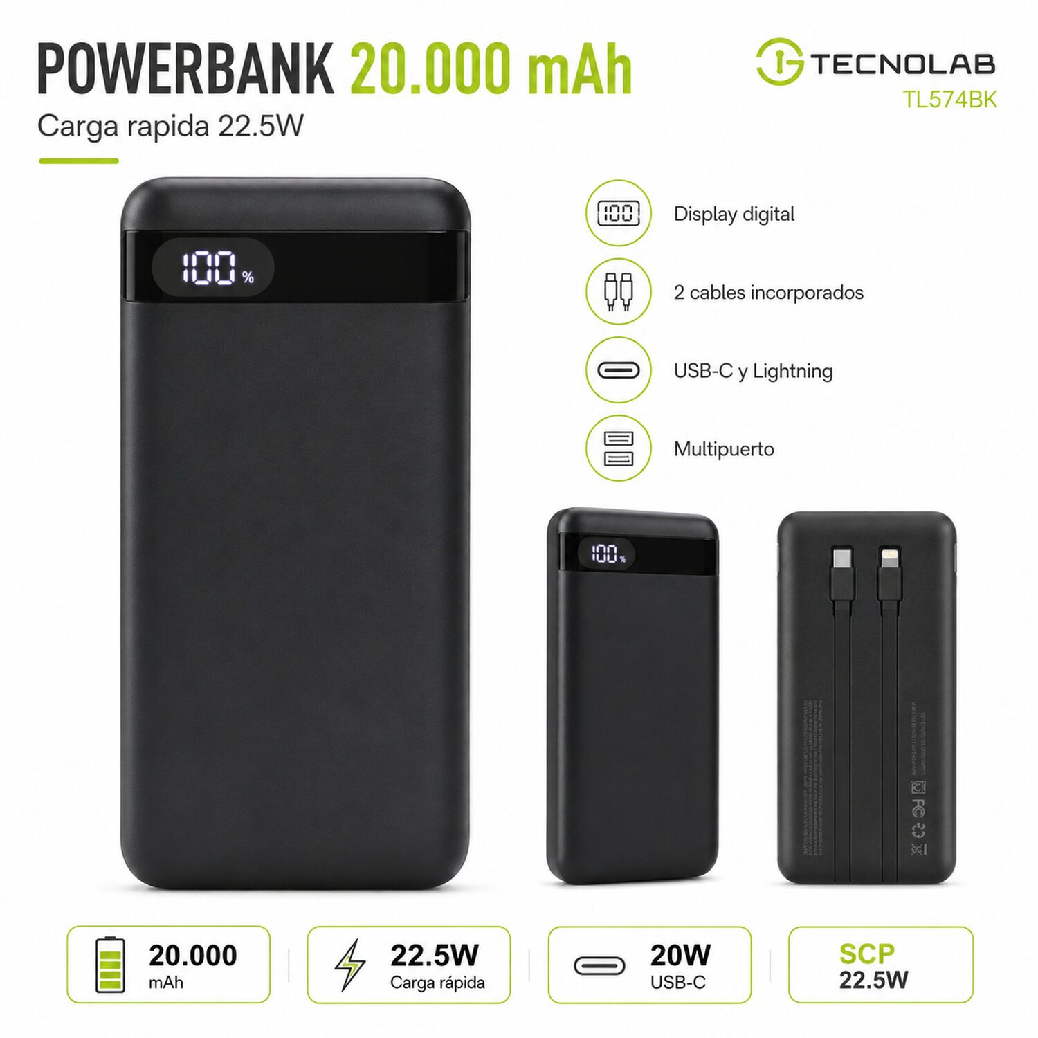Powerbank 20.000 Mah Turbo Quick Charge Multipuertos 22w image number 6.0