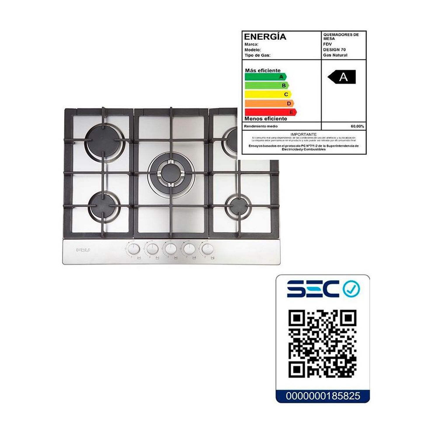 Encimera A Gas FDV Design 70 5GLSTX NAT / 5 Quemadores image number 4.0