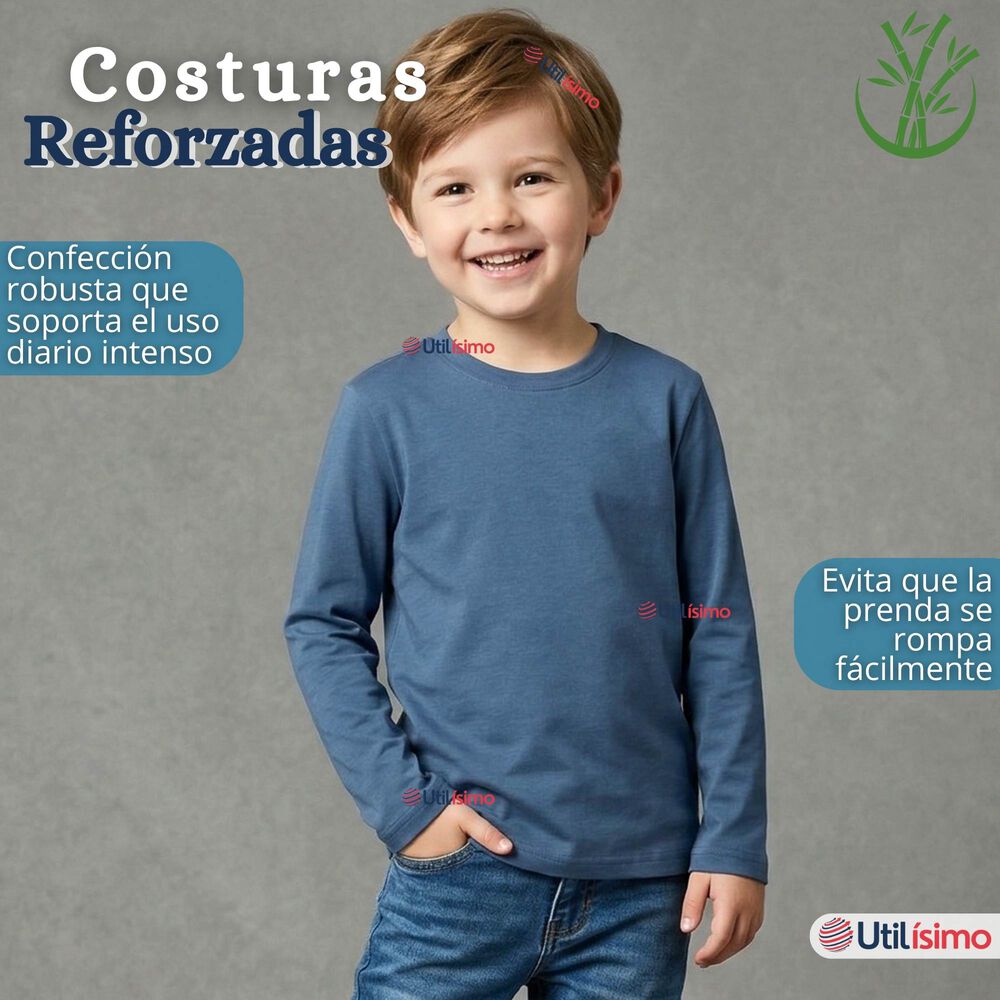 Pack 3 Poleras Camisetas Bamb&uacute; Claro Oscuro Cuello Redondo Primera Capa Manga Larga Ni&ntilde;o image number 8.0