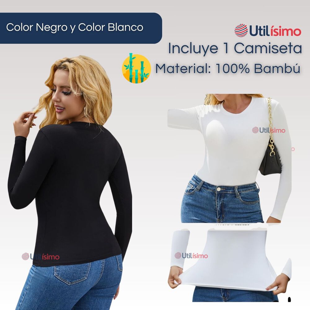 Camisetas Manga Larga Bamb&uacute; Mujer Primera Capa Blanco Negro image number 1.0