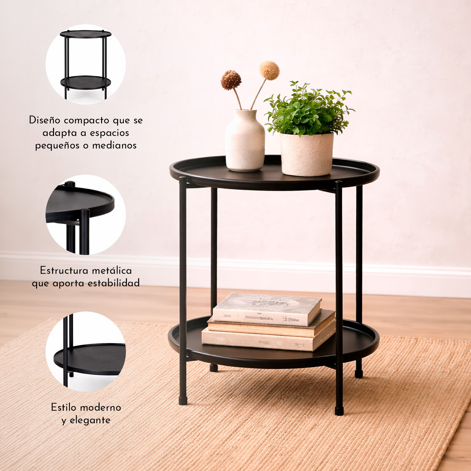Mesa Lateral Met&aacute;lica Con Repisa 57x43x43 Cm Negro image number 3.0