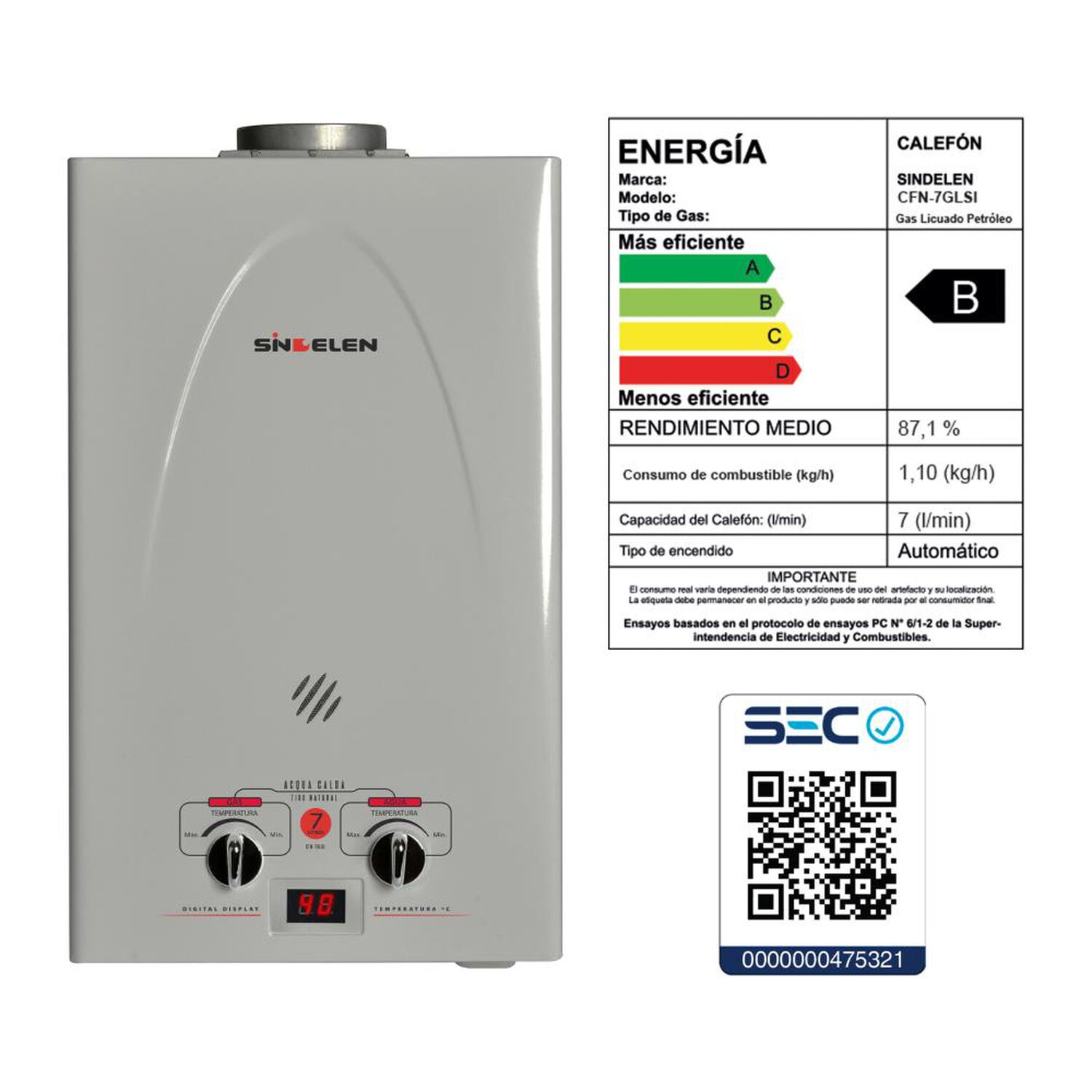 Calefont Sindelen CFN-7GLSI / Tiro Natural / Gas Licuado  / 7 Litros image number 3.0