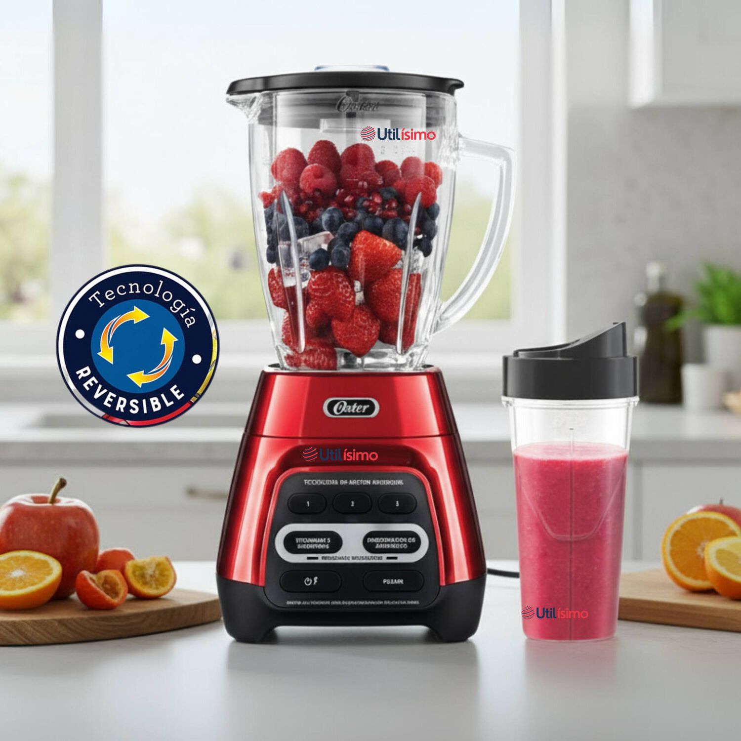 Licuadora Oster Roja Con Programas Automáticos, Tecnología Reversible Y Vaso Blend-n-go Blstpyg1310rbg