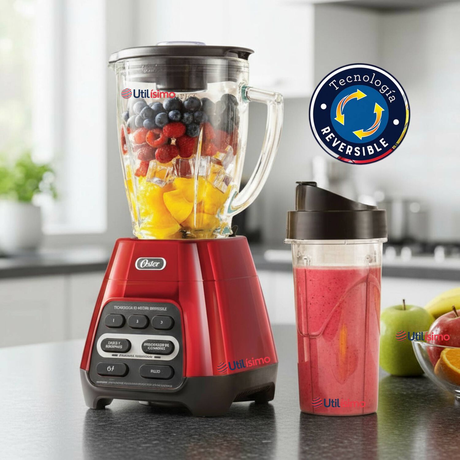 Licuadora Oster Roja Con Programas Automáticos, Tecnología Reversible Y Vaso Blend-n-go Blstpyg1310rbg