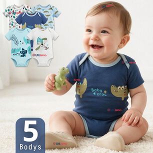 Pack 5 Bodys Manga Corta 100% Algod&oacute;n Tedmimak Ni&ntilde;o Blue Croc Jungle
