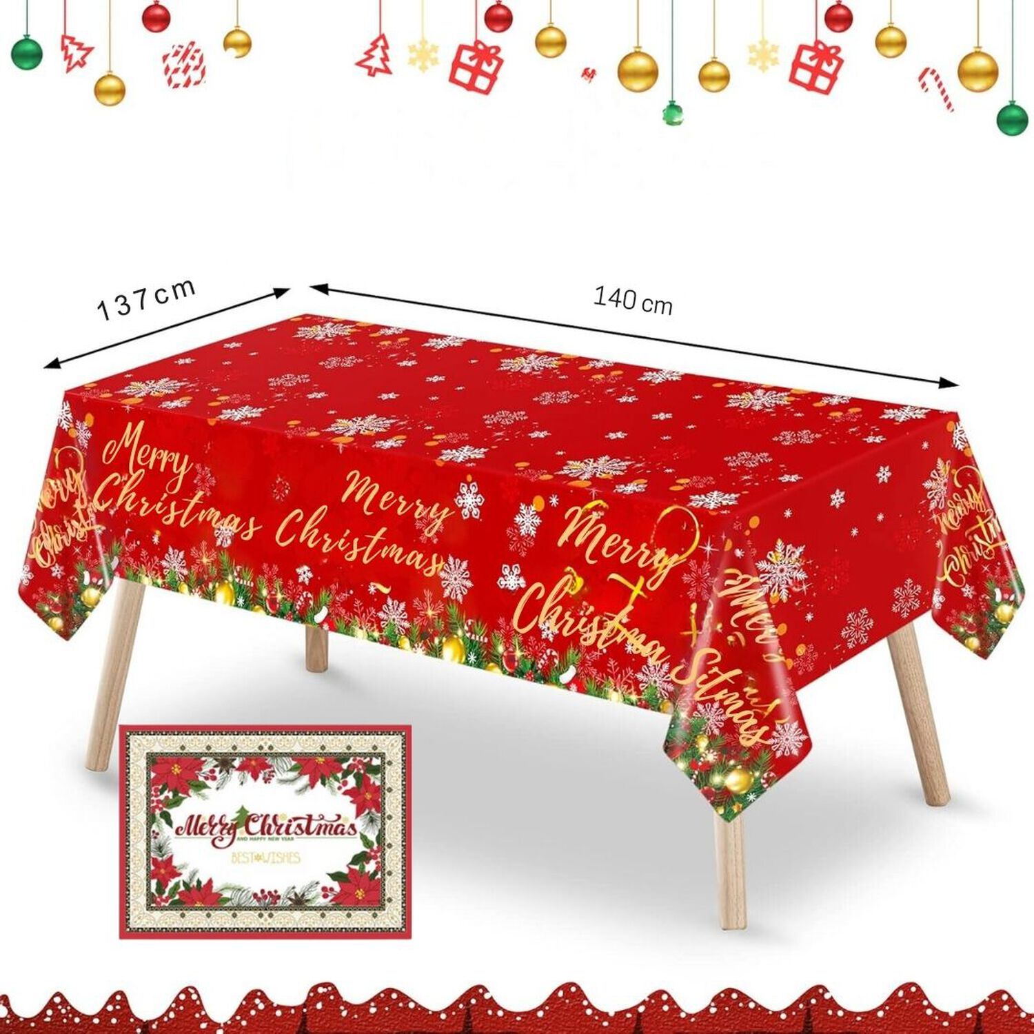 Mantel Navidad Merry Christmas Flores Rojas Poli&eacute;ster 137x140cm image number 5.0