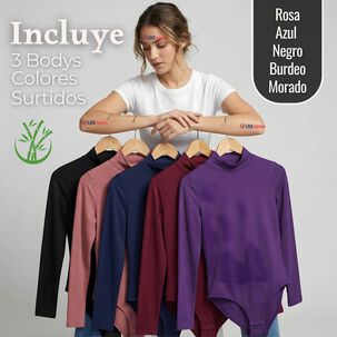 Pack 3 Bodys Manga Larga Bamb&uacute; Cuello Alto Beatle Mujer Colores Surtidos