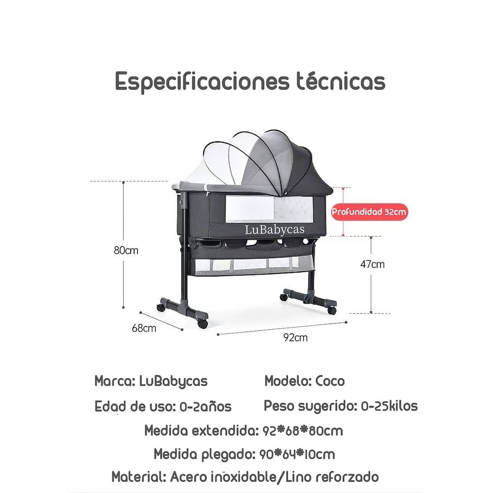 Cuna Colecho Con Mudador Y Accesorios Lubabycas Gris image number 6.0