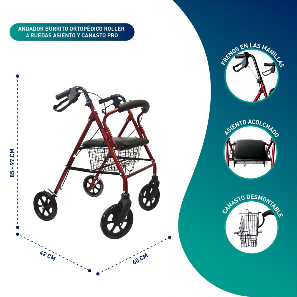 Andador Burro Ortop&eacute;dico 4 Ruedas - Asiento Y Canasto Pro image number 1.0