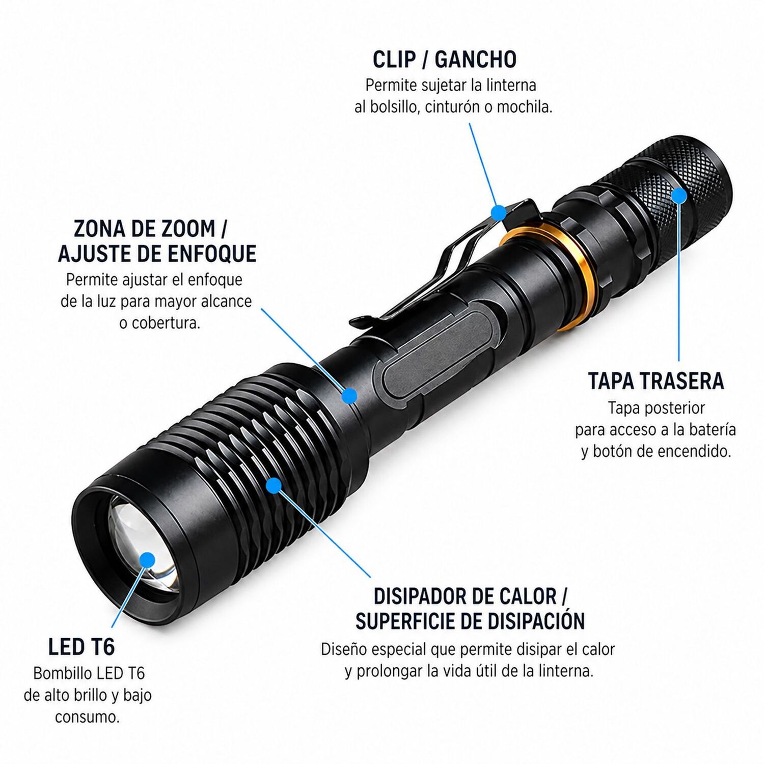 Linterna Led Profesional Multi Uso Con Zoom High Power T6 image number 5.0