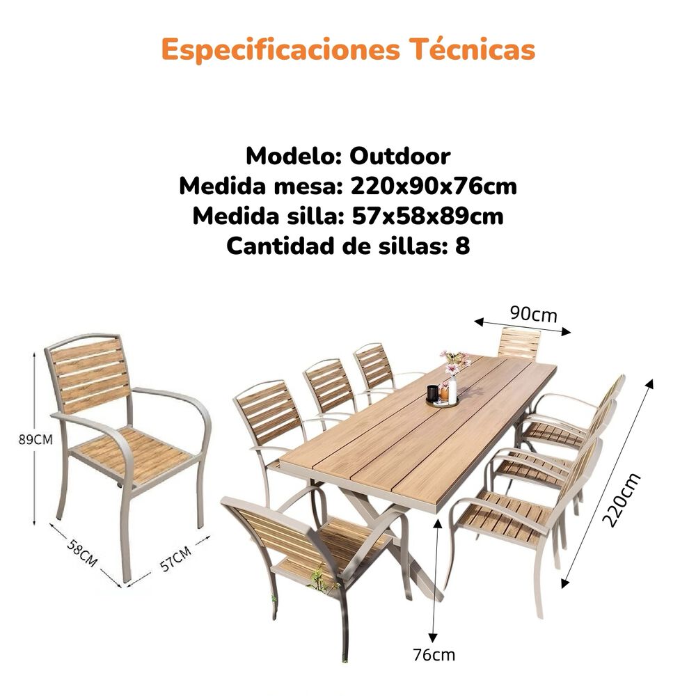 Juego De Comedor Exteriores 220cm Y 8 Sillas Impermeables image number 7.0