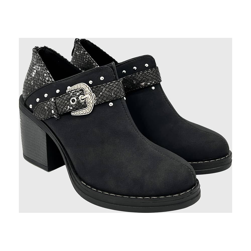 Botin Para Mujer Con Taco Y Hebilla Campera Negro image number 2.0