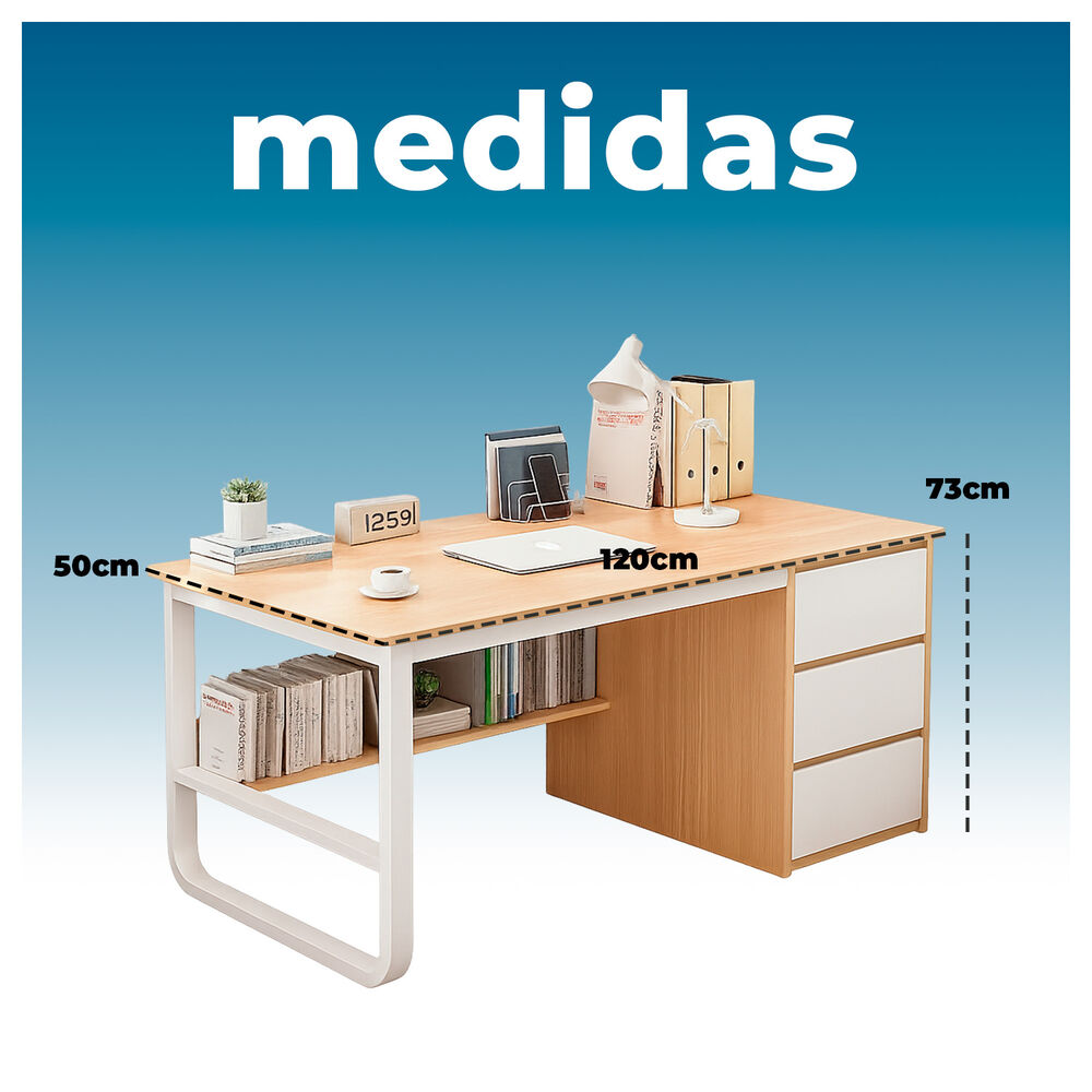 Escritorio Con 3 Cajones Y Estante Librero Madera Blanco Oficina image number 5.0