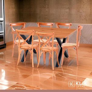 Comedor Mesa Color Madera Y Metal Cross 140x90 + 6 Sillas Crossback Madera Rattan Natural