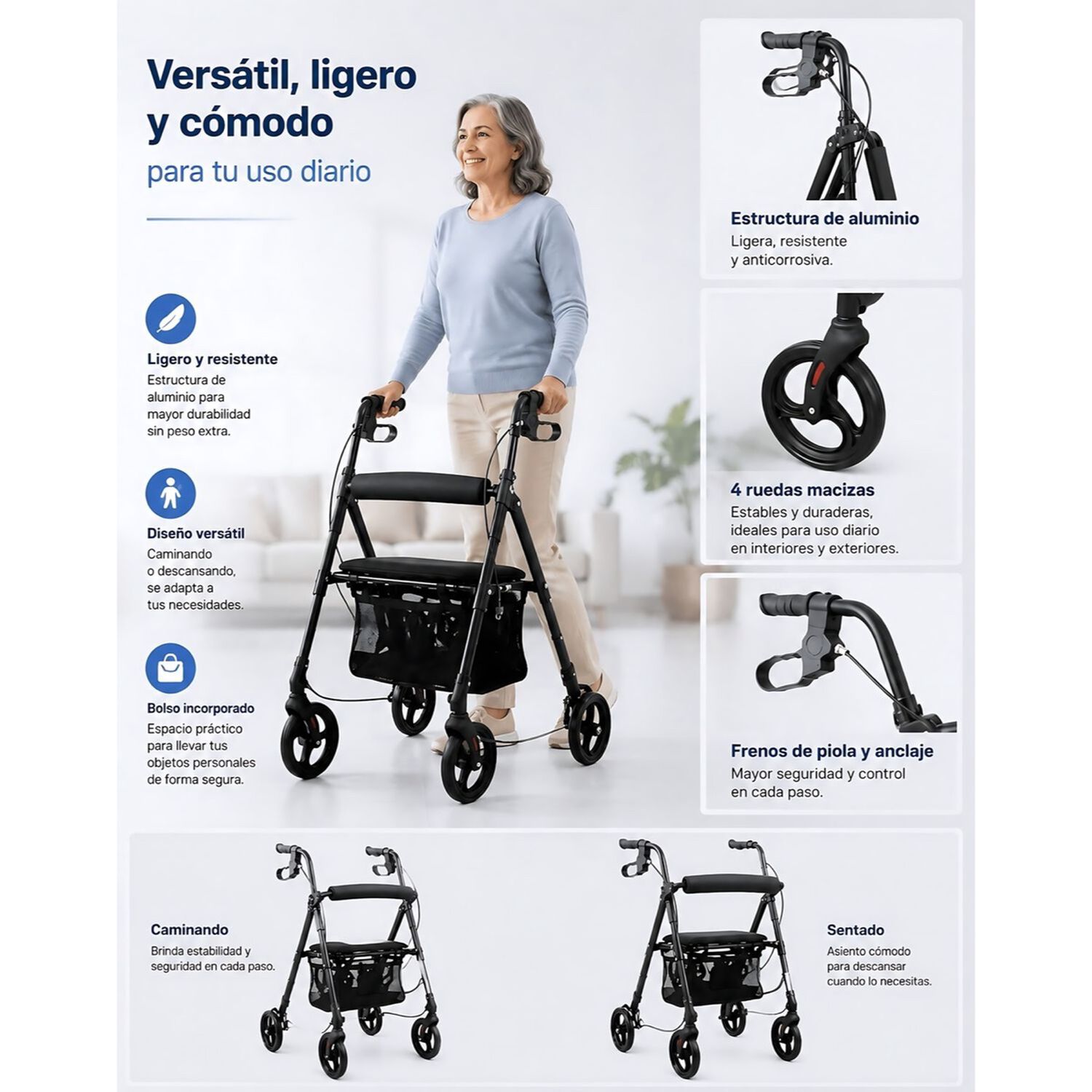 Andador 4 Ruedas Con Asiento Y Canasto Aluminio Liviano 1004d image number 1.0