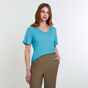 Polera Lisa Manga Corta Cuello V Con Aplicación Strass Mujer Lesage