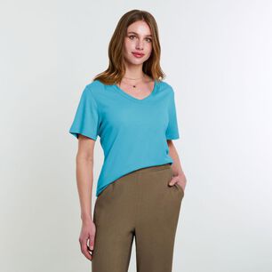 Polera Lisa Manga Corta Cuello V Con Aplicaci&oacute;n Strass Mujer Lesage