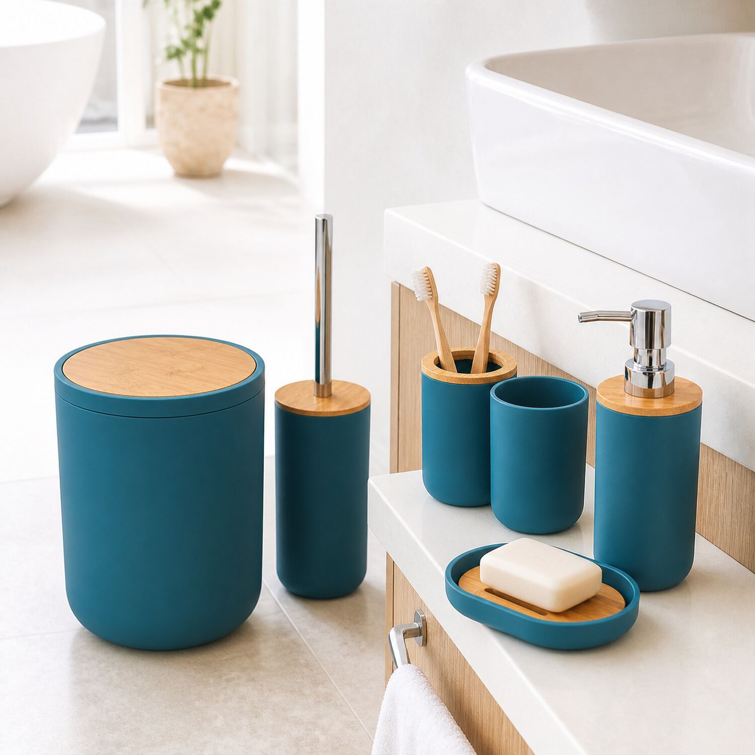Set De Ba&ntilde;o Completo 6 Piezas De Abs Y Bambu Moderno Color Turquesa image number 5.0