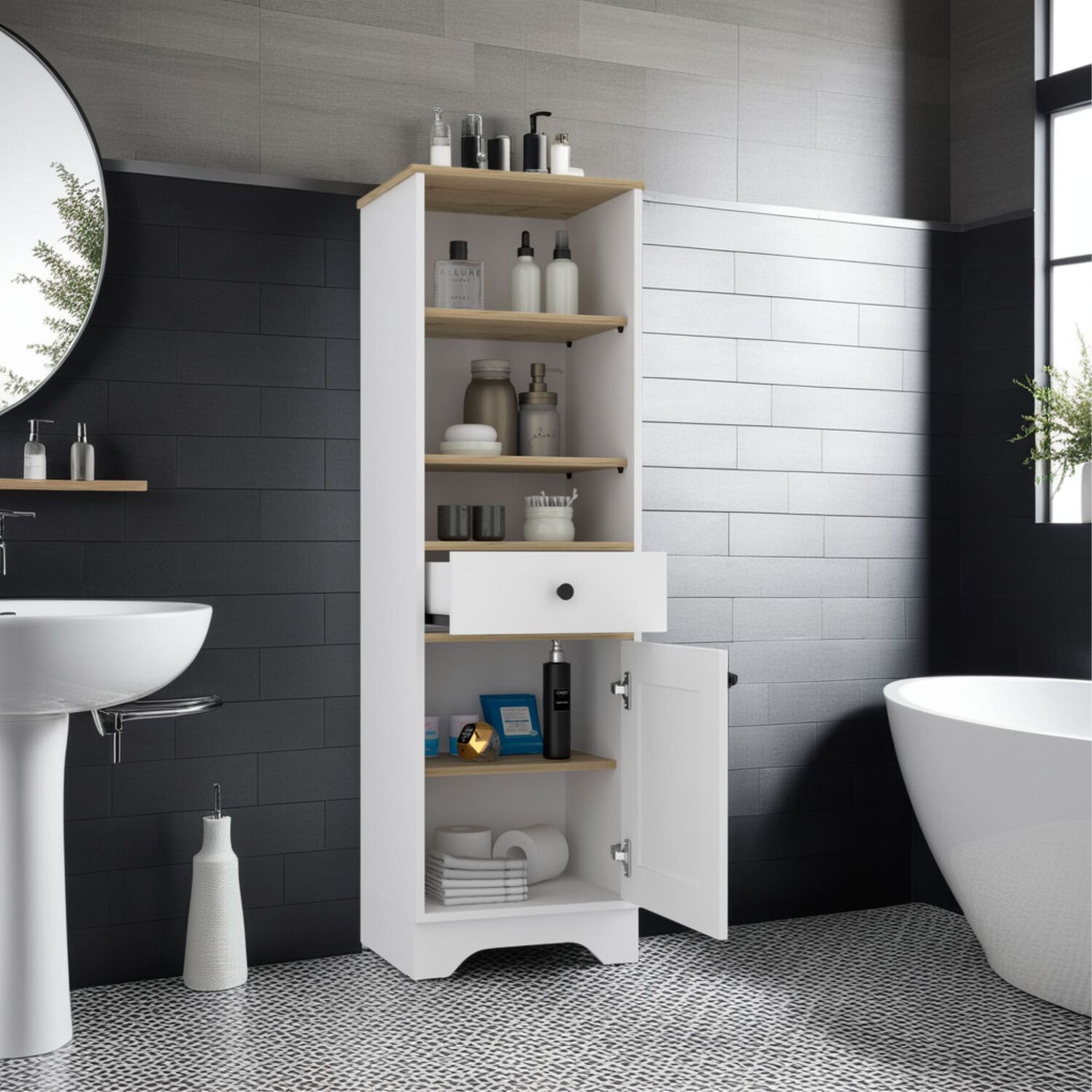 Estante Organzador Ba&ntilde;o 1 Puerta 1 Cajon Fm-005c Caf&eacute; Claro Y Blanco image number 4.0
