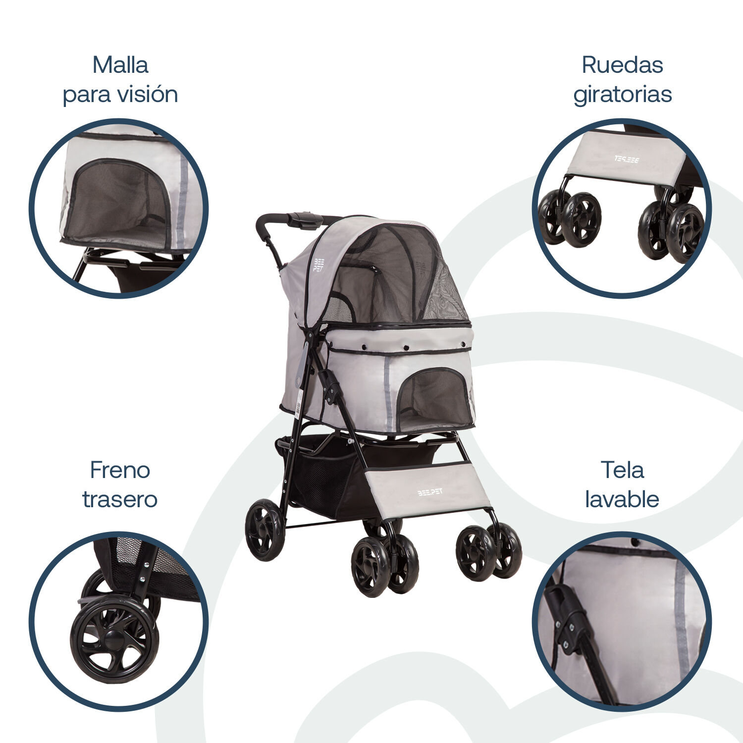 Coche Mascota Plegable Pro Perro Gato Gris Beepet Bebesit image number 2.0