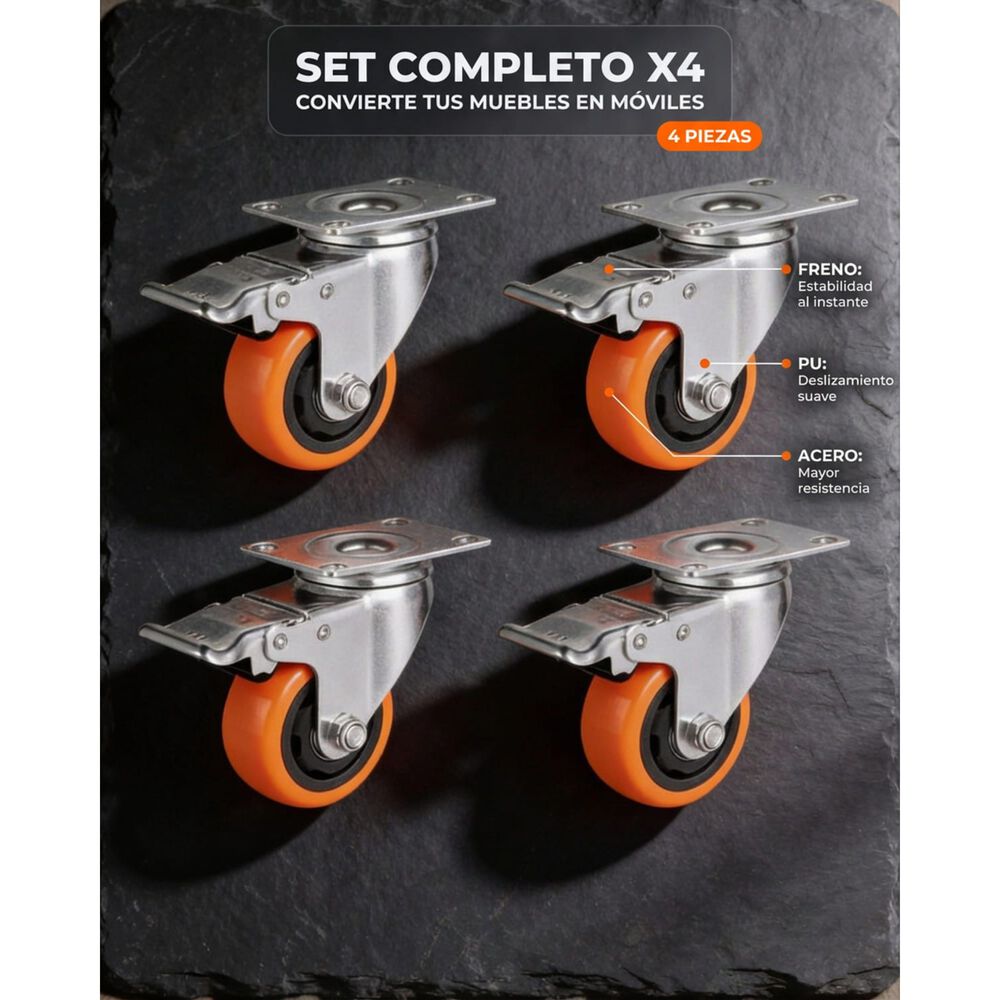 Set X4 Ruedas De 3 Pulgada Giratoria Para Muebles Con Frenos image number 2.0