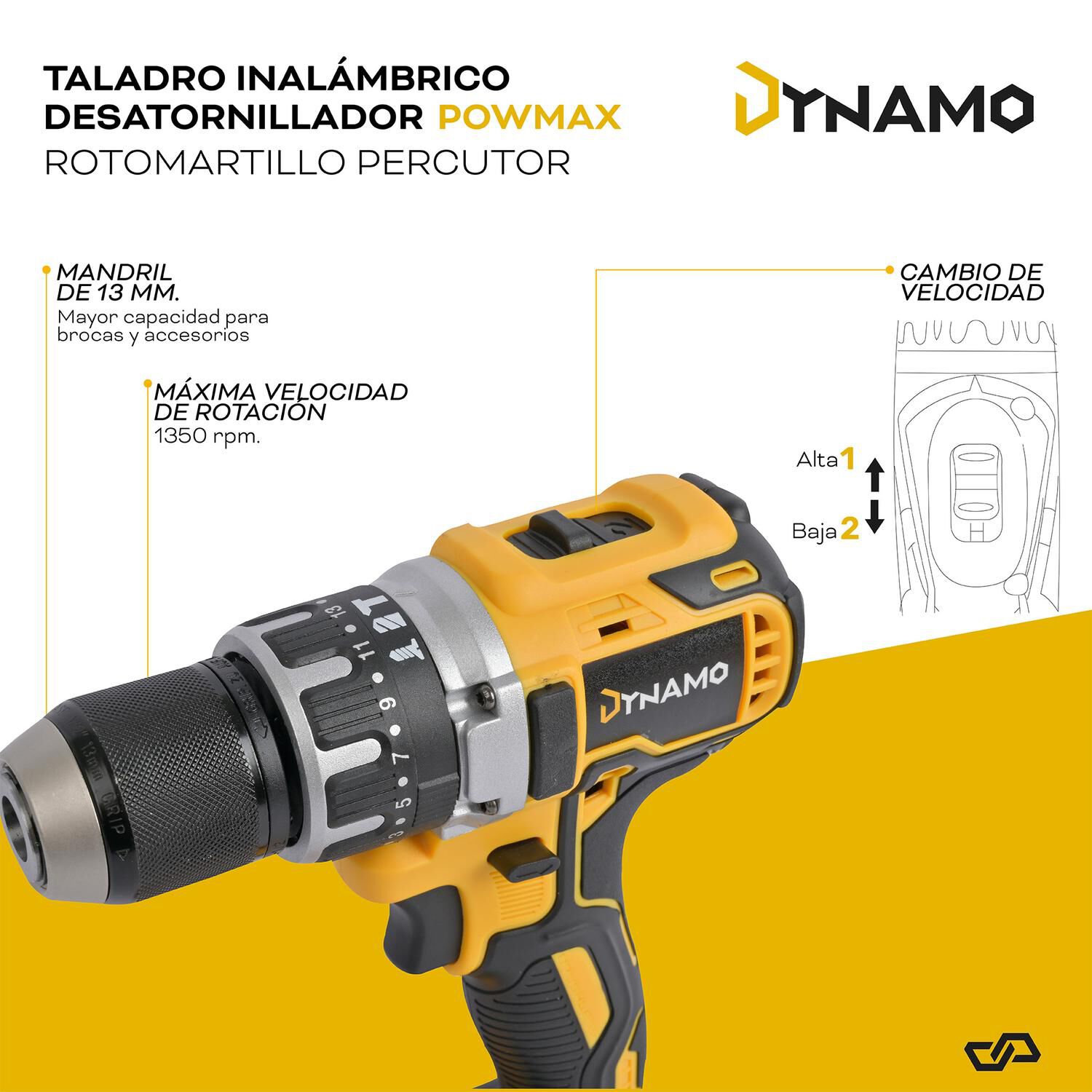 Taladro Inal&aacute;mbrico Dynamo Rotomartillo Percutor 2 Bater&iacute;as image number 6.0