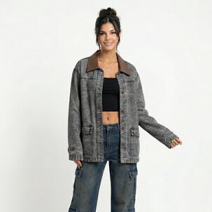 Chaqueta Denim Oversize Con Cuello Ecocuero