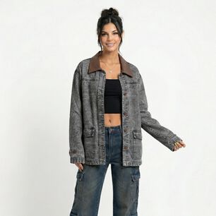 Chaqueta Denim Oversize Con Cuello Ecocuero