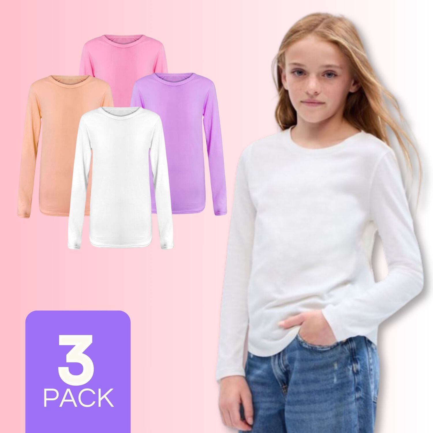Pack 3 Camisetas Bamb&uacute; Primera Capa Ni&ntilde;a Manga Larga image number 0.0
