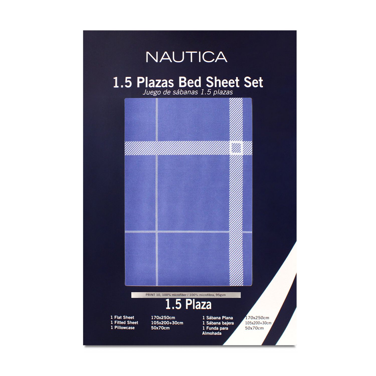 Juego De S&aacute;banas Nautica 3piezas Microfibra 1,5 Plazas Dise&ntilde;o Cuadros Azul image number 3.0