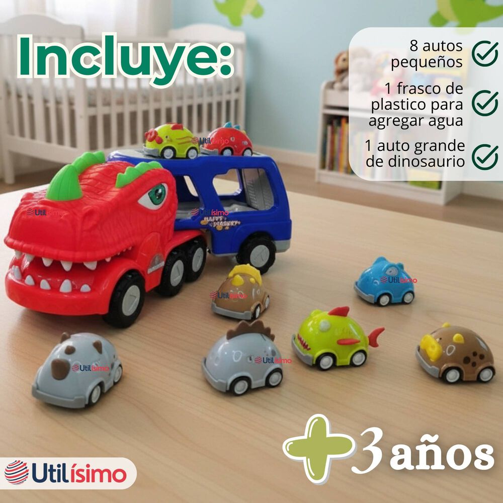 Cami&oacute;n Dinosaurio Con M&uacute;sica Luces Funci&oacute;n De Spray + 8 Mini Coches image number 2.0