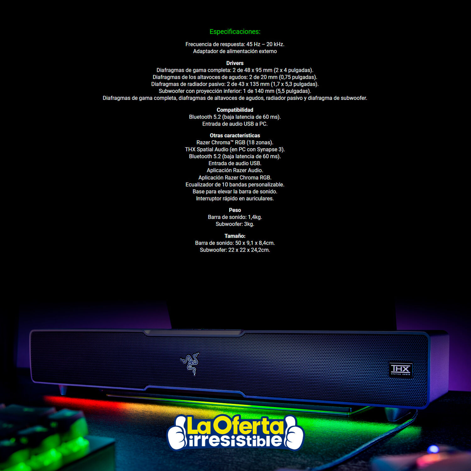 Parlante Gamer Razer Leviathan V2 Subwoofer 65w Bluetooth image number 2.0