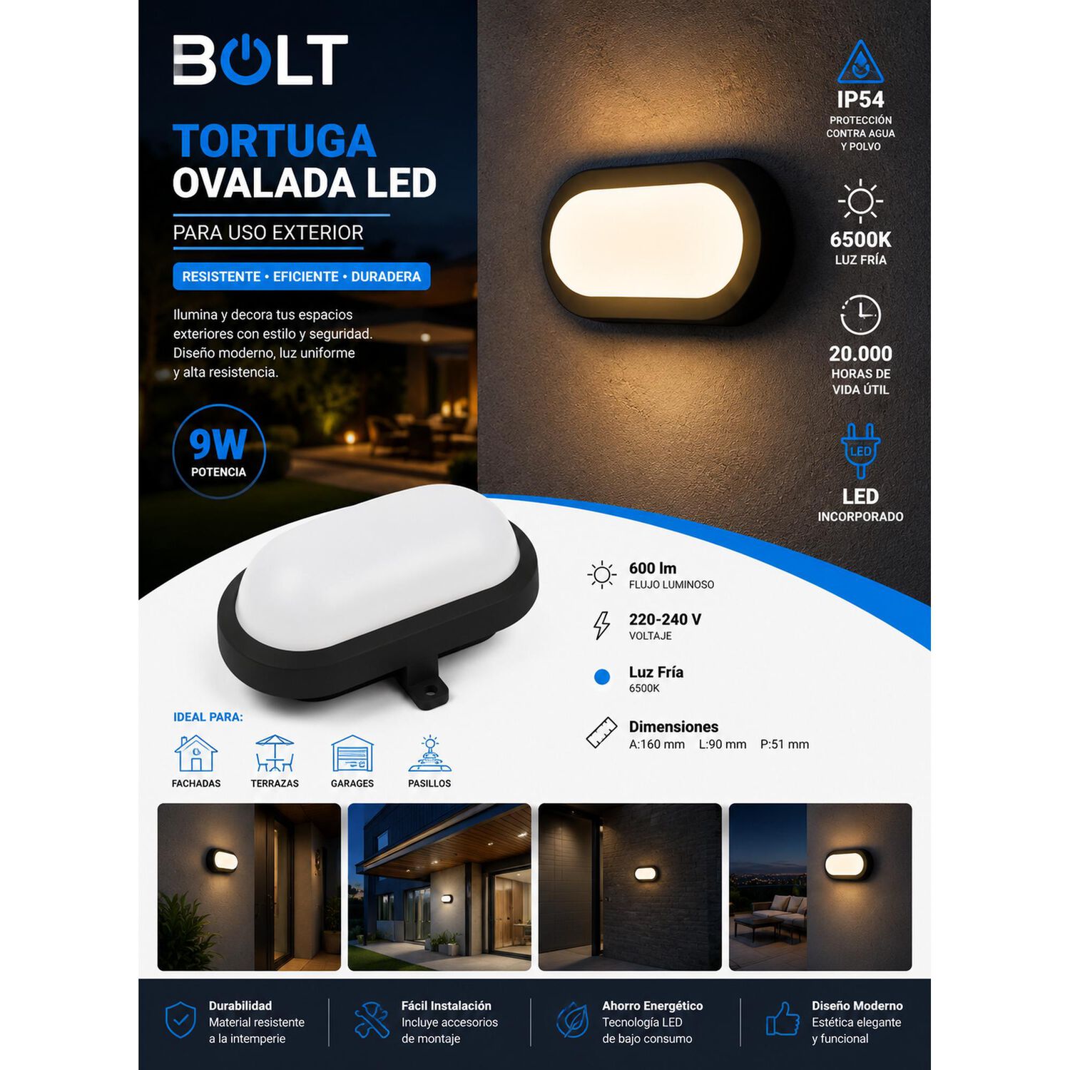 Foco Led Tortuga Negro 9w Para Muro Exterior Interior image number 9.0