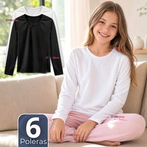 Pack 6 Camisetas Poleras Algod&oacute;n B&aacute;sica Cuello Redondo Primera Capa Manga Larga Colores Surtidos Negro Blanco Ni&ntilde;a