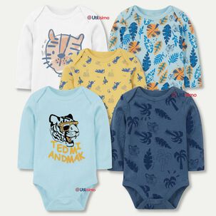 Pack 5 Bodys Manga Larga 100% Algod&oacute;n Beb&eacute; Ni&ntilde;o Wild Tiger