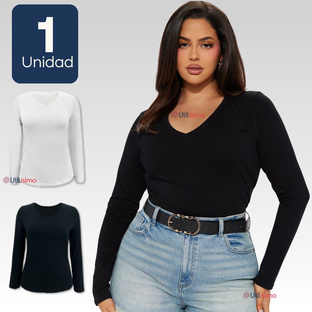 Camiseta Manga Larga Cuello V Bamb&uacute; Mujer Primera Capa Blanco Y Negro image number 0.0