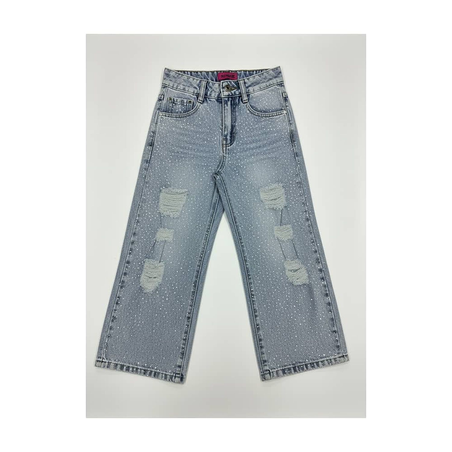 Pantal&oacute;n Jeans Ni&ntilde;a Con Brillo Y Dise&ntilde;o Rasgado image number 1.0