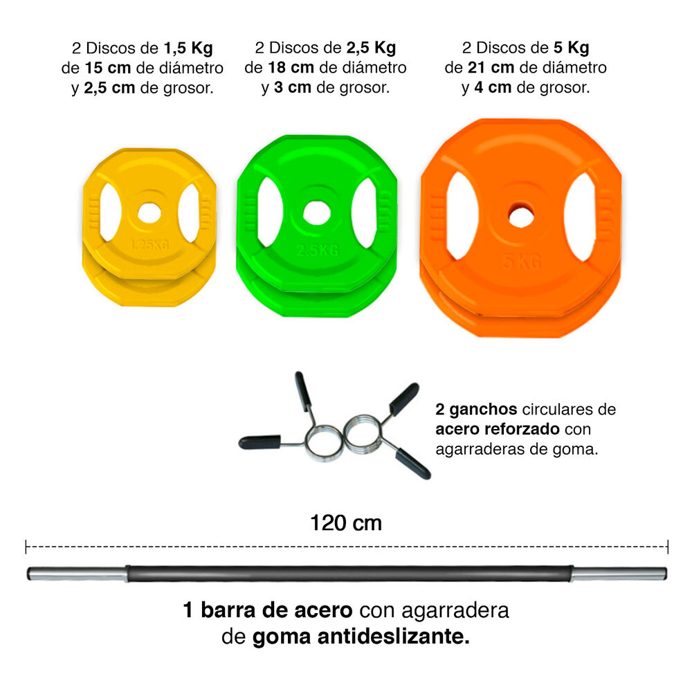 Set De Pesas 20 Kg Y Barra 1,2 M Discos De Colores image number 2.0
