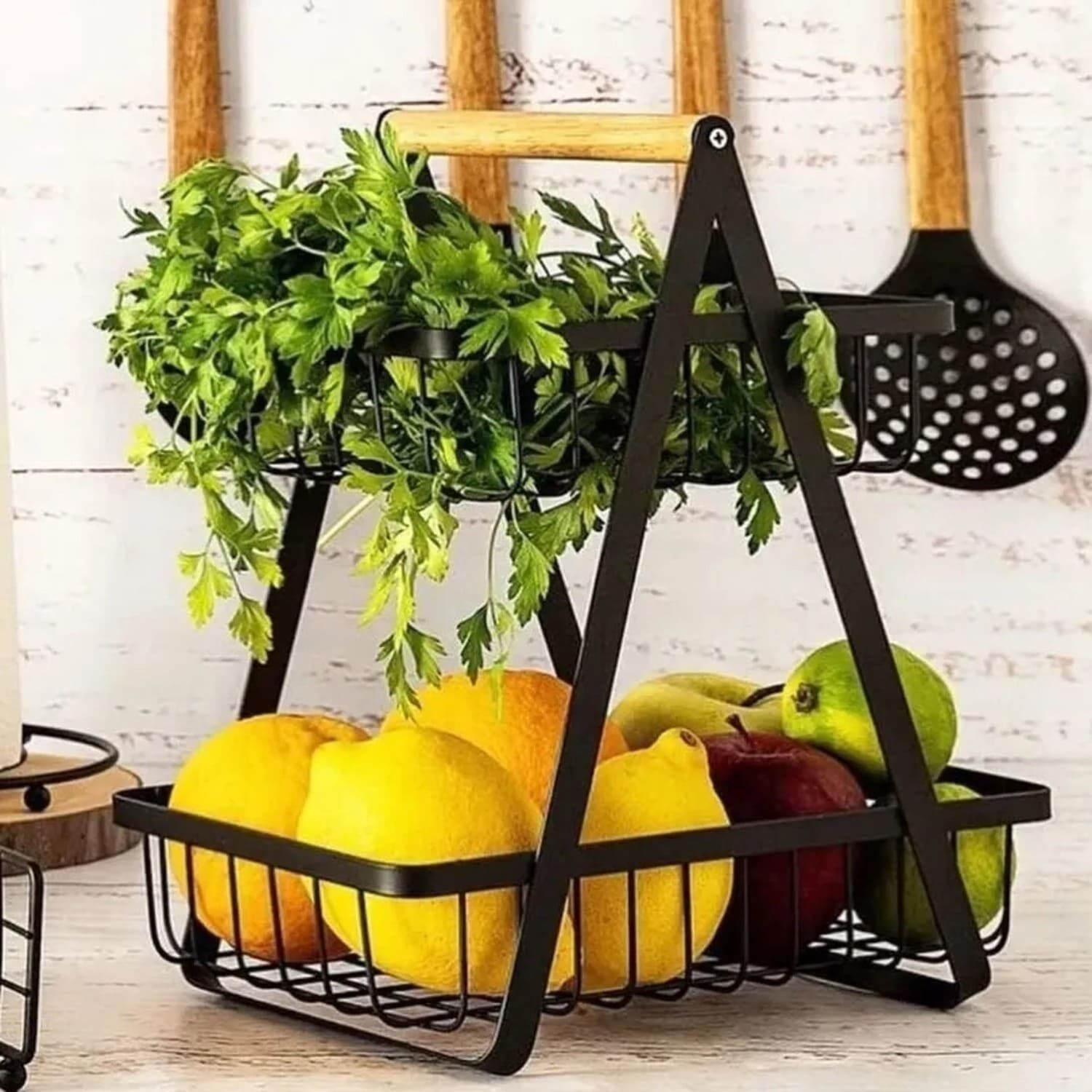 Frutera Doble De Metal Con Mango De Madera Color Negro image number 3.0